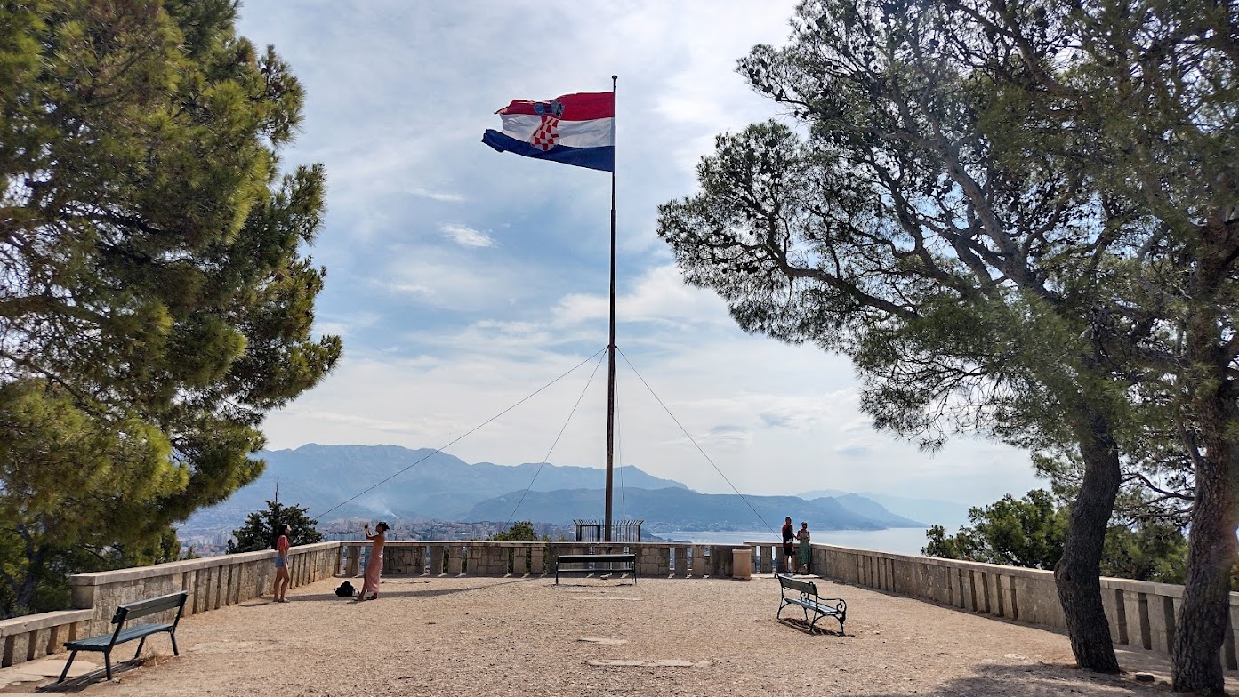 Croatian flag at the viewing point at the top of Marjan Park, Split, Croatia