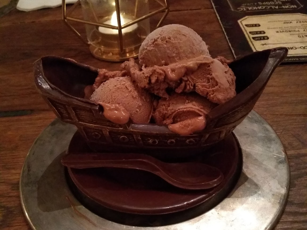 Ice cream in chocolate boat at Beans and Barlour, St Petersburg, Florida