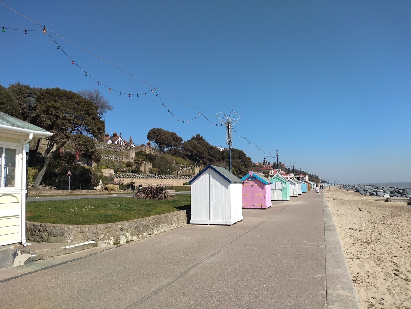 Beach huts on the seafront at Felixstowe, Suffolk